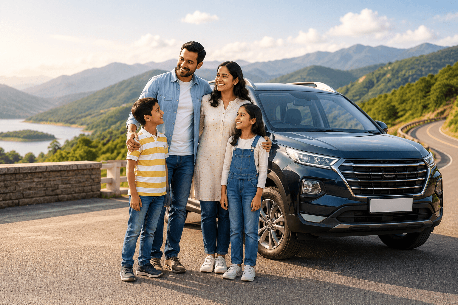Family standing beside an SUV on a scenic mountain road